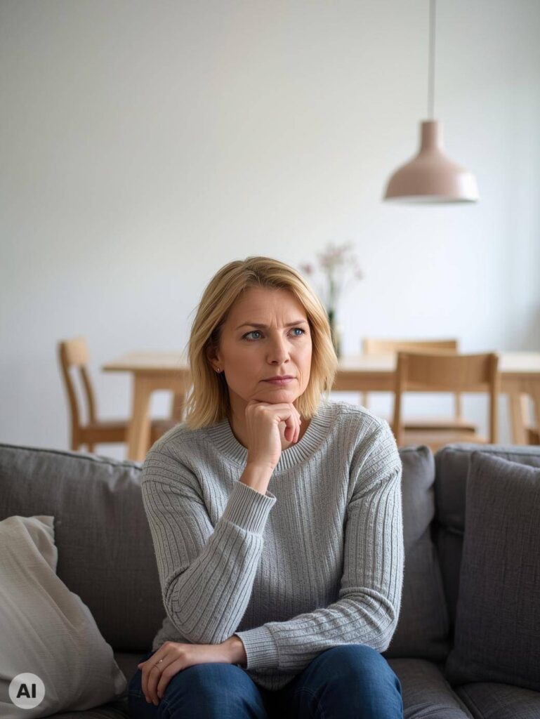 Frau ist angespannt durch das Gedankenkreisen